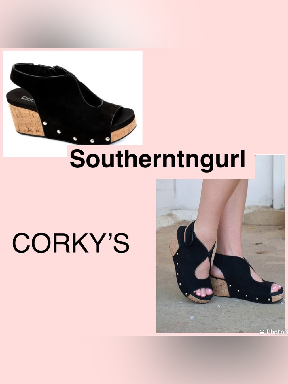 New CORKY’S Black Suede Cork Wedge Heels with Stud Accents